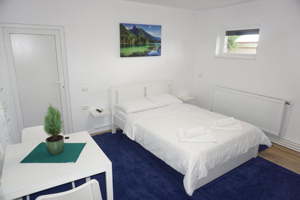 巴洛泰什蒂Casuta Bradulet - Aeroport Otopeni & Therme的白色卧室配有床和桌子