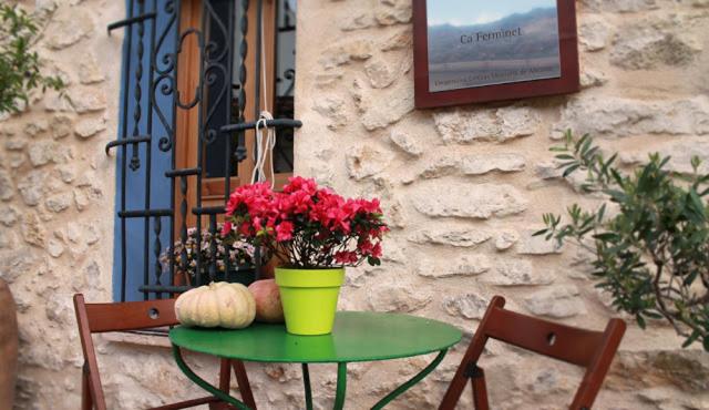 BenisiliCasa Rural Ca Ferminet & Cabañas de montaña La Garriga的绿桌,上面有鲜花和南瓜