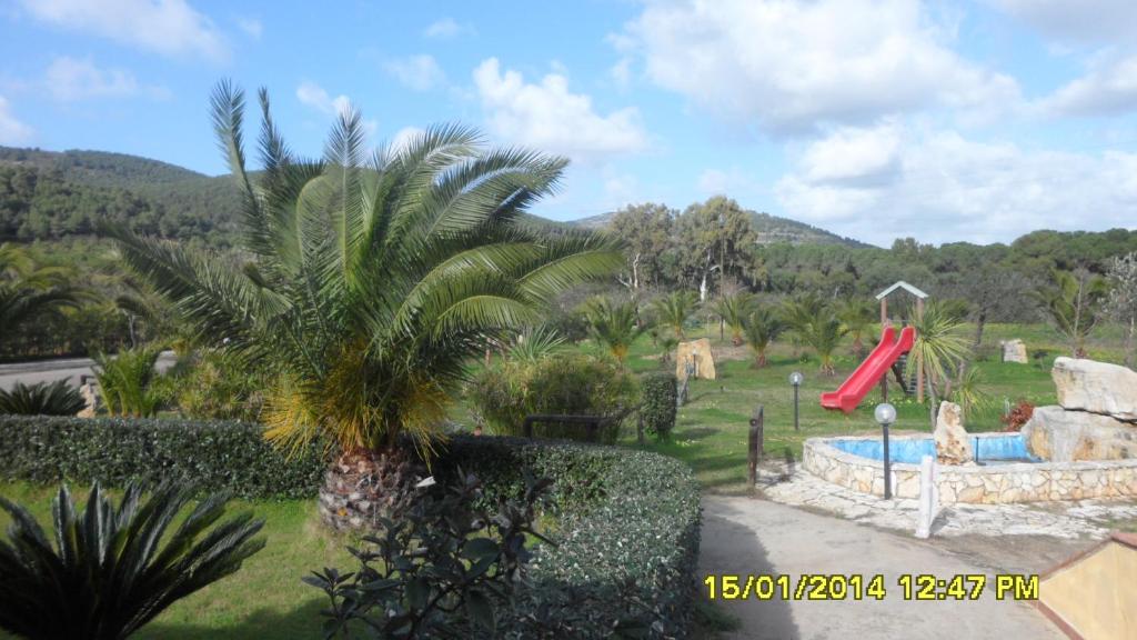 费尔蒂利亚Agriturismo Isidoro的棕榈树和滑梯的度假村