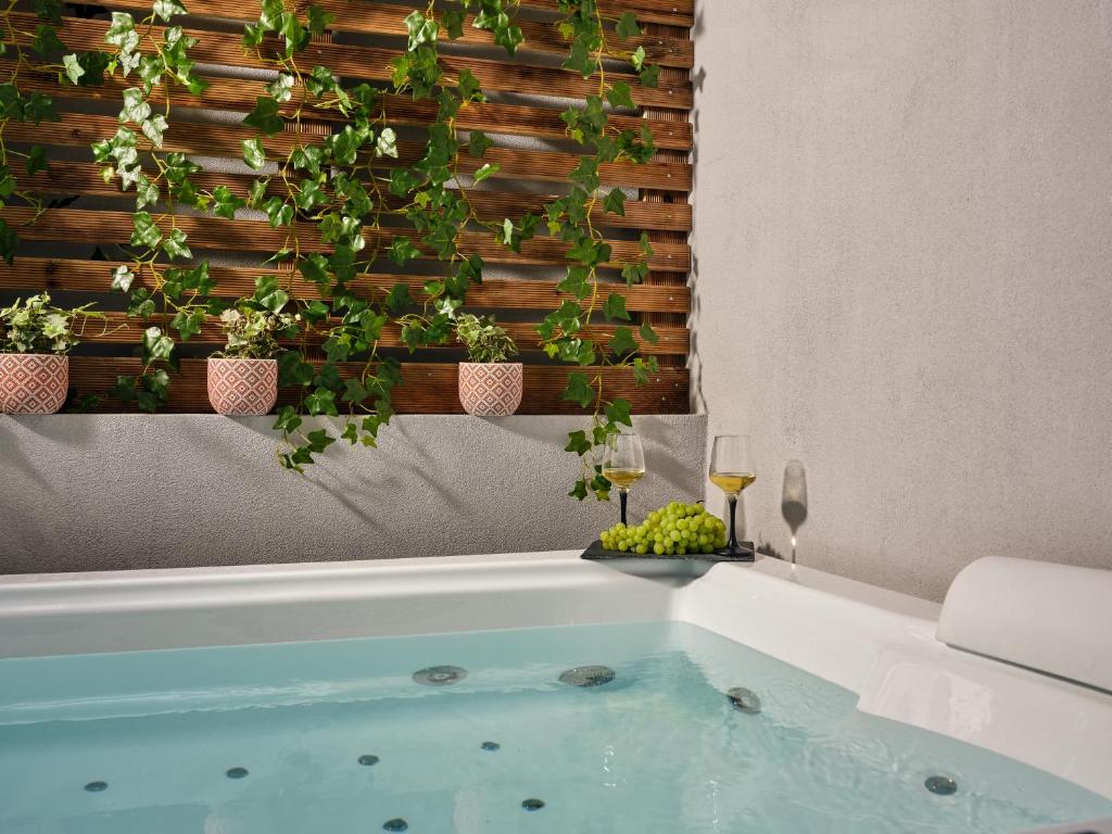 扎金索斯镇Pothos Suites的墙上的植物浴缸的浴室