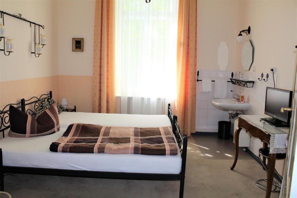 柏林布里恩酒店的一间卧室配有一张床、一张桌子和一个水槽