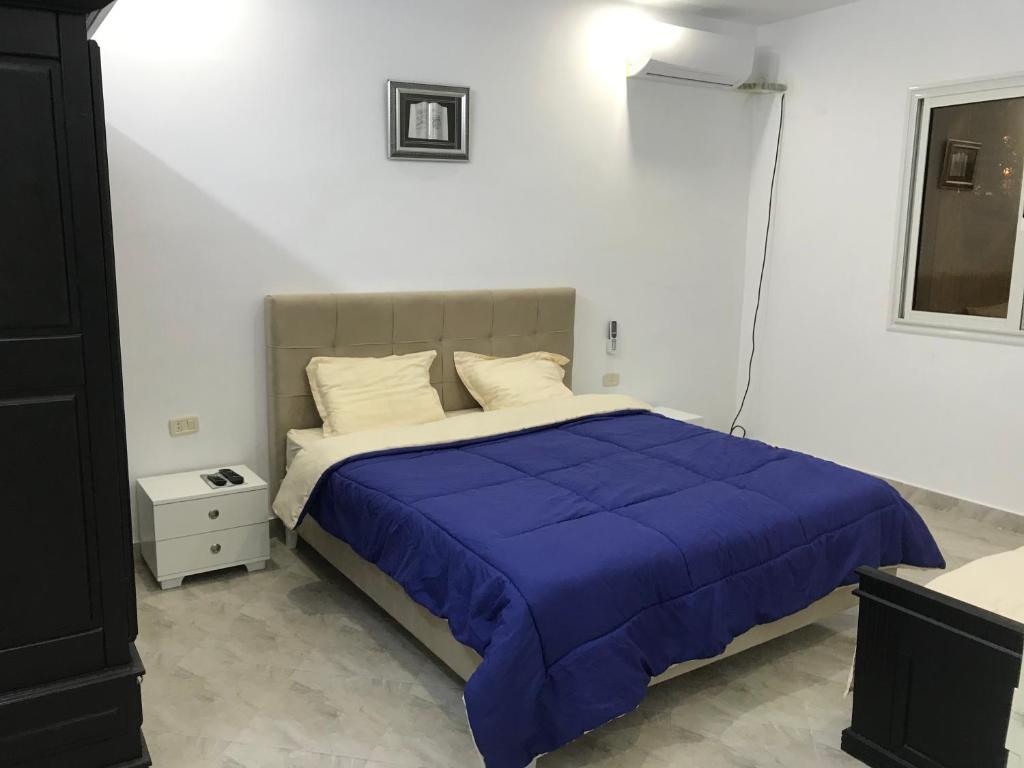TazarkaMaison de Vacances Tazarka的一间卧室配有一张带蓝色棉被的大床