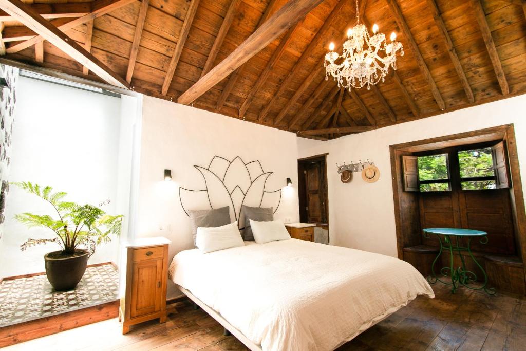 圣克鲁斯-德拉帕尔马Casa 1820 by Rural La Palma的一间卧室配有一张大床和一个吊灯。