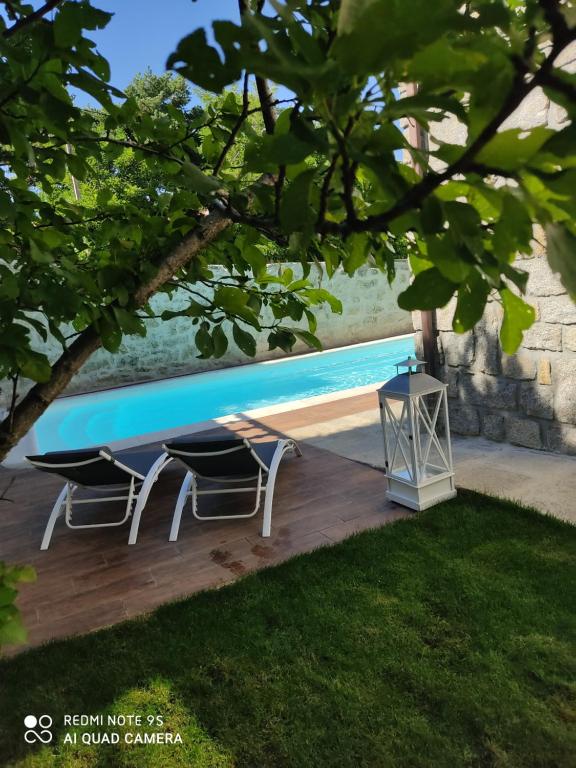 拉斯纳瓦斯德尔马尔克斯Posada Rural La Flor的一个带两把椅子和一张桌子的游泳池