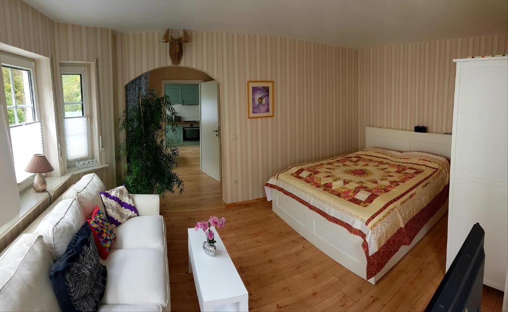 阿尔肯Zum Bachhexje的一间卧室配有一张床、一张沙发和一张桌子