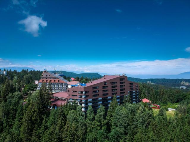 波亚纳布拉索夫Poiana Brasov Alpin Resort Apartment的一座大建筑,位于一座树木繁茂的山顶上