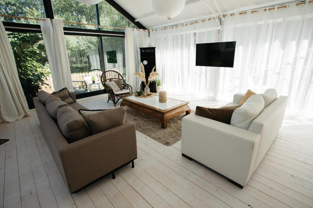 丽兹Vakantiewoning Loft Lisse - SAUNA - Beach - Keukenhof的客厅配有两张沙发和一台电视机