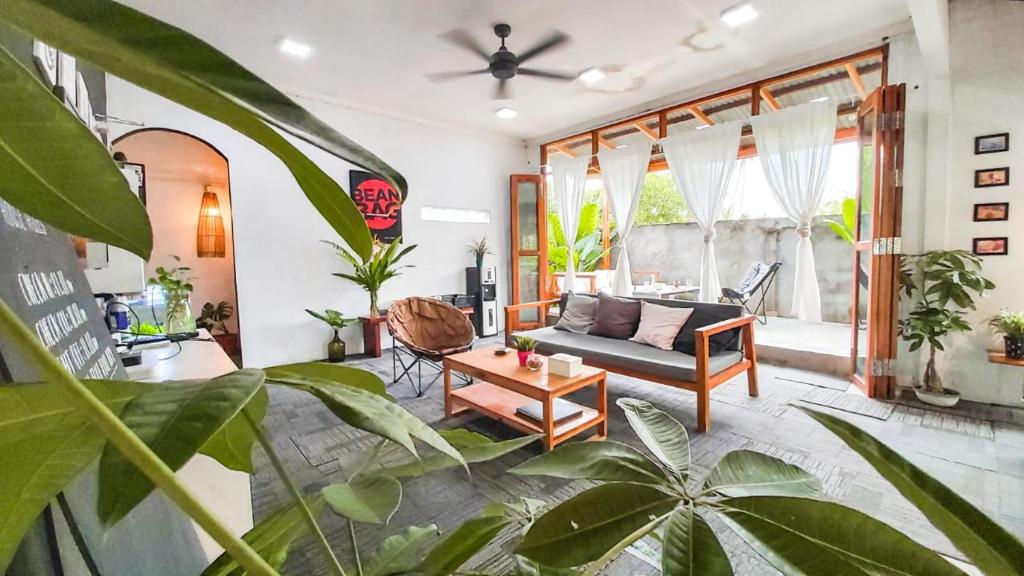 KangkakawalBeanbag Bintan Backpacker的带沙发和一些植物的客厅