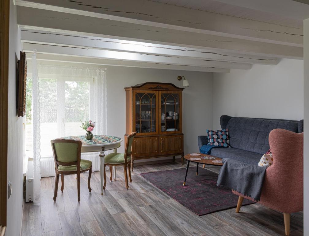 ŠirvintosNamelis prie Širvintos upės su pirtimi的客厅配有沙发和桌子
