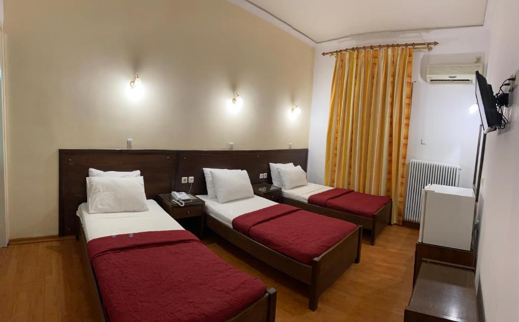 拉里萨Ξενοδοχείο Acropol的一间酒店客房,设有两张床和电视