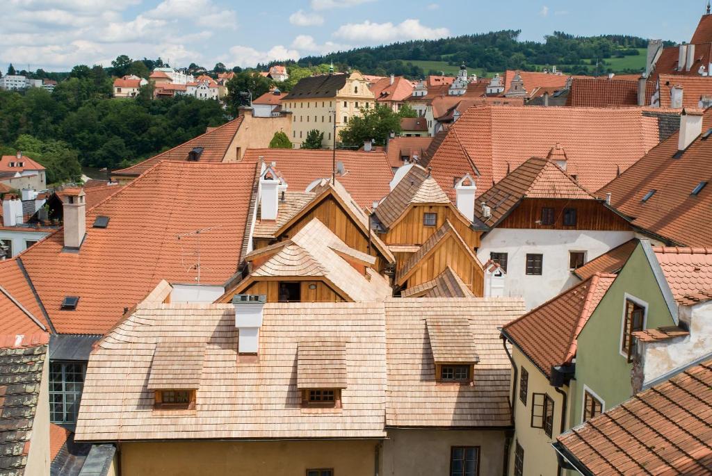 捷克克鲁姆洛夫玛勒胡维卡酒店的城镇房屋屋顶的景色