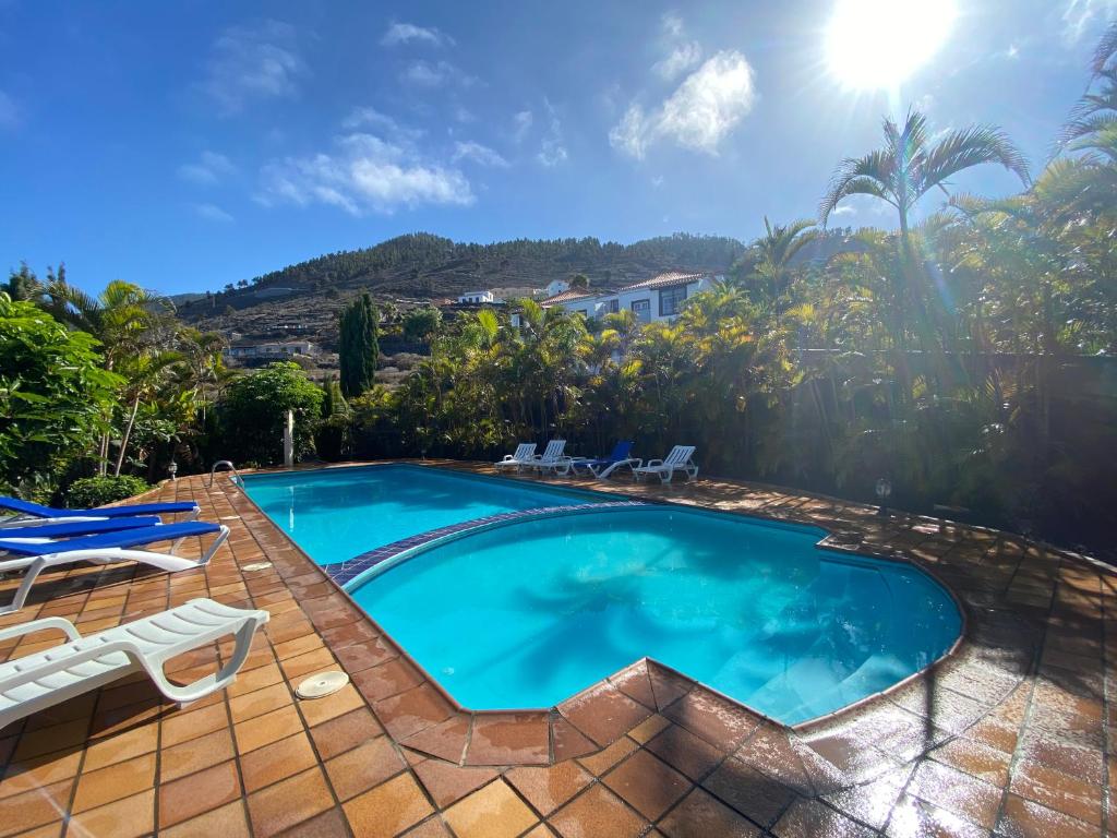 丰卡连特德拉帕尔马Villa Colon的游泳池设有庭院,周围设有椅子