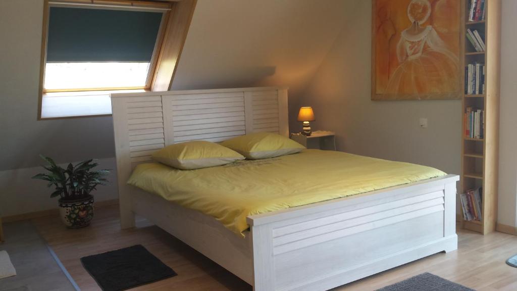 马尔穆捷Notre Rêve - Chambre d'hôtes的卧室配有白色床、黄色床单和窗户。