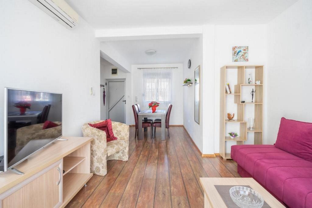 贝西奇Cosy one-bedroom apartment in Becici by sea的客厅配有紫色沙发和桌子