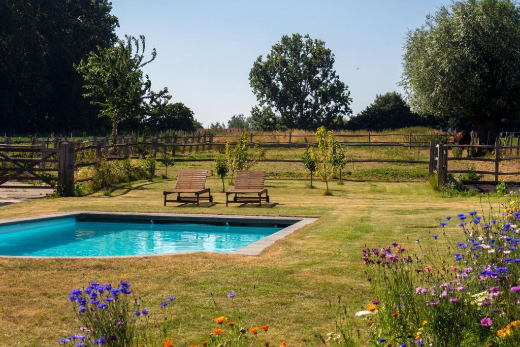 赫拉尔兹贝亨Vakantiewoning De Wilg - rustig gelegen的一个带游泳池和两个长椅的花园
