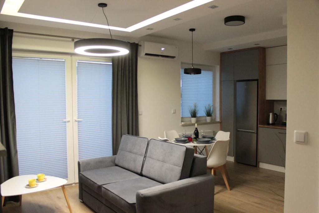 凯尔采Apartament Wspólna19 (Centrum, garaż podziemny, klimatyzacja )的客厅配有沙发和桌子