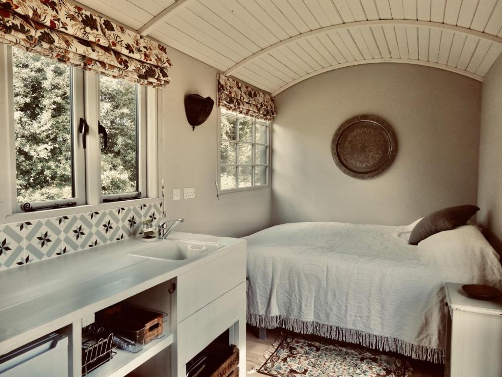 ColkirkThe Oaks Glamping - Jasper's Shepherds Hut的一间卧室配有床、水槽和2个窗户
