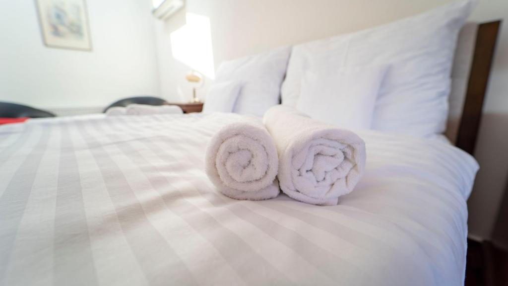 新扎姆基Penzión Rosel的白色床边的两条毛巾