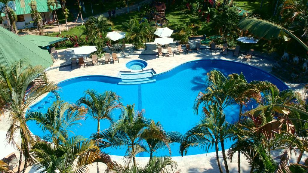多米尼克里约三月别墅酒店的享有棕榈树大型蓝色游泳池的顶部景致