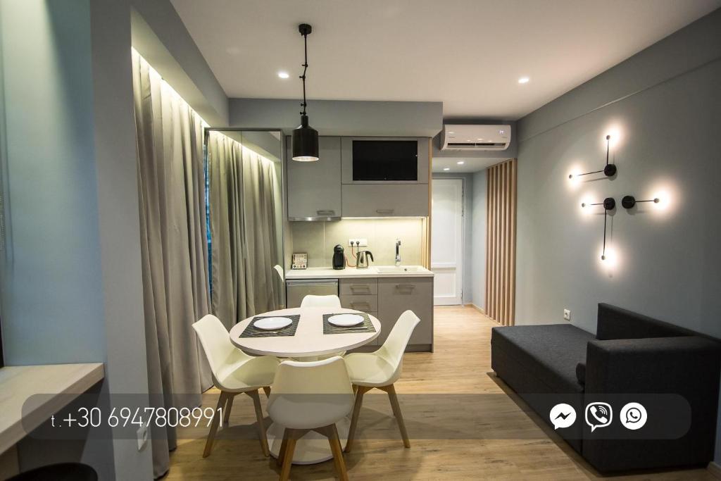 普雷韦扎Preveza Suite Stay Leoforos Irinis 84b的厨房以及带桌椅的起居室。