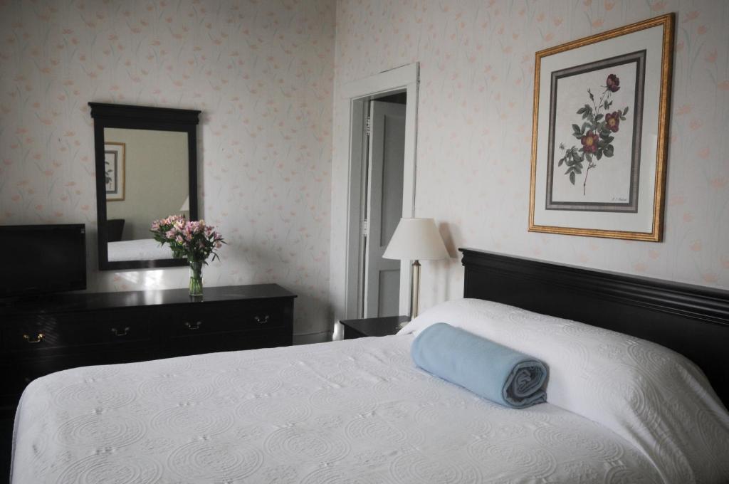 白河交界处柯立芝酒店的一间卧室配有一张带蓝色枕头的床