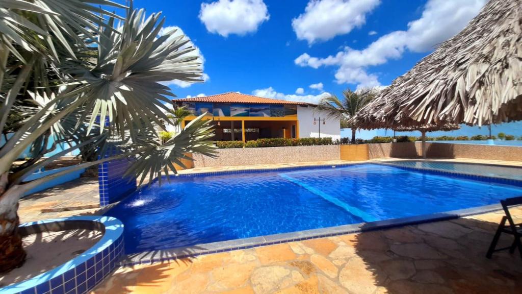 巴雷里尼亚斯Recanto das Arvores的一座别墅前方的棕榈树游泳池