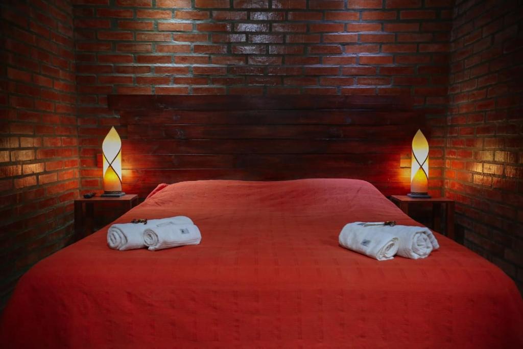 圣伊格纳西奥Posada Madre America的一间卧室配有红色的床和2条毛巾