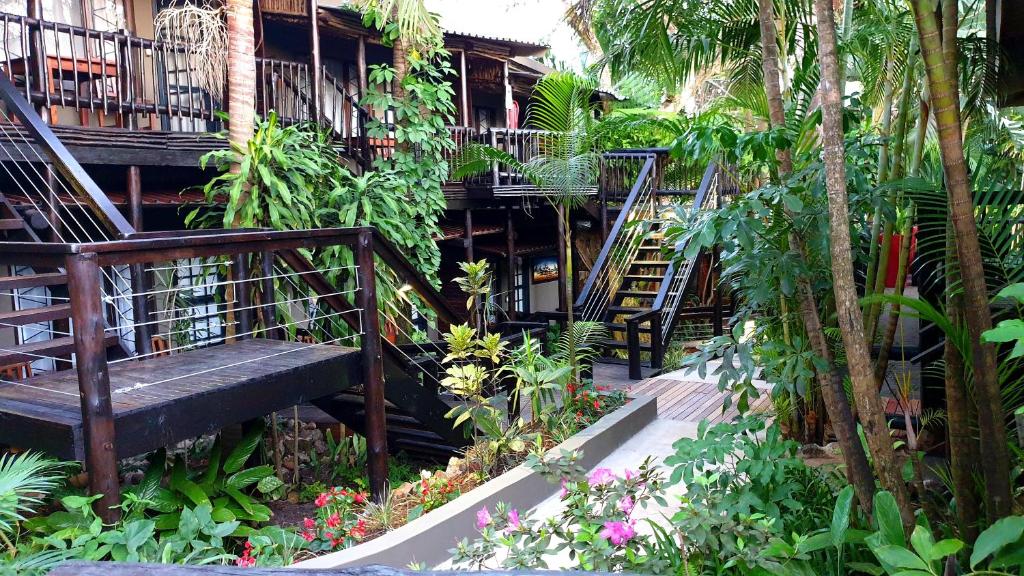 圣卢西亚乌姆利洛酒店的一座有楼梯和一束植物的建筑