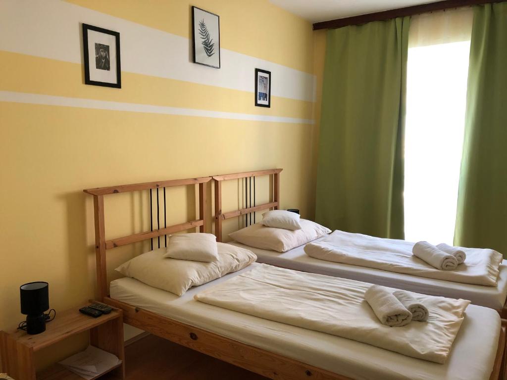 锡盖特堡Hotel Oroszlán Szigetvár的两张床位于带窗户的房间内