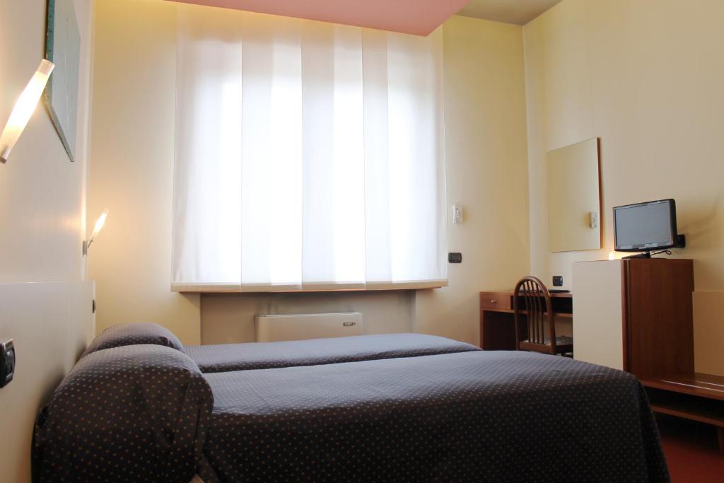 托尔托纳HOTEL OASI的一间卧室设有一张床和一个带电视的窗户。