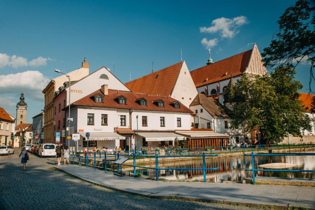 捷克布杰约维采克利卡酒店的城镇中一条街道,有建筑和运河