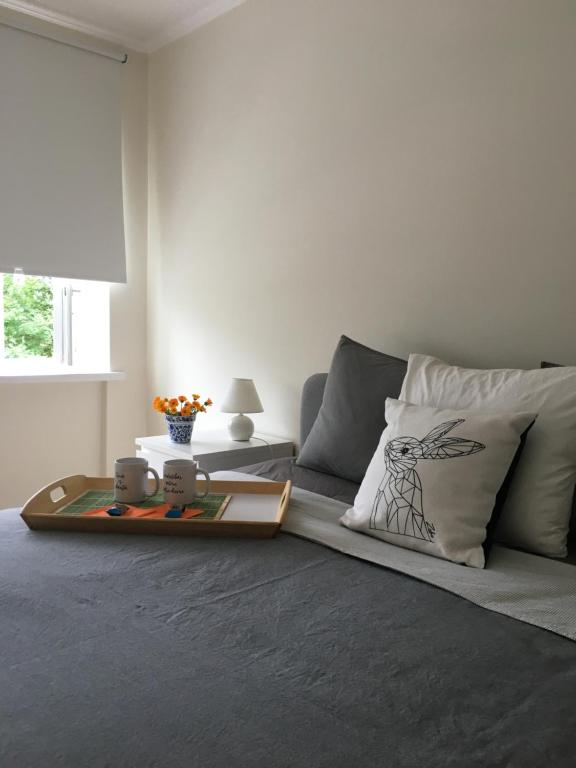 PriekuļiFox Apartments - Pie Lapsas的一间卧室配有一张带桌子和枕头的床。