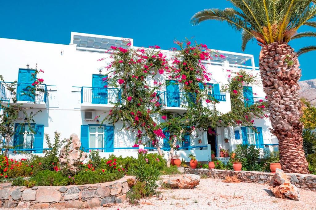 阿吉亚利阿斯卡斯酒店的白色的建筑,有蓝色的窗户和棕榈树