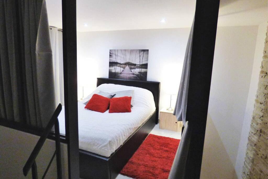 维特雷Charmant Duplex Centre Historique Vitré的一间卧室配有一张带红色枕头的床
