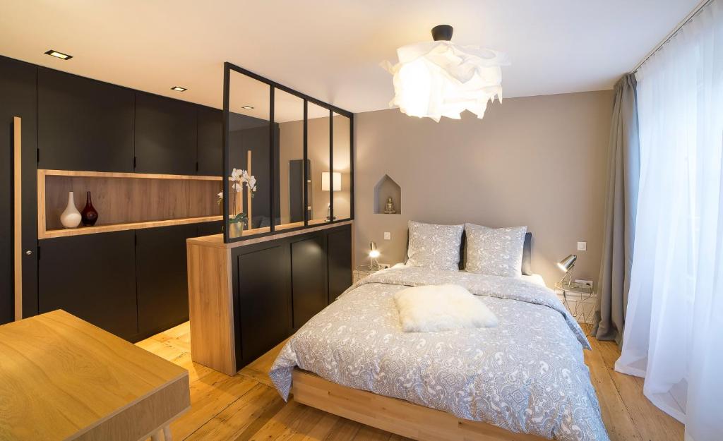 斯特拉斯堡Appartement COSY Hypercentre的一间卧室配有一张大床和一个吊灯。