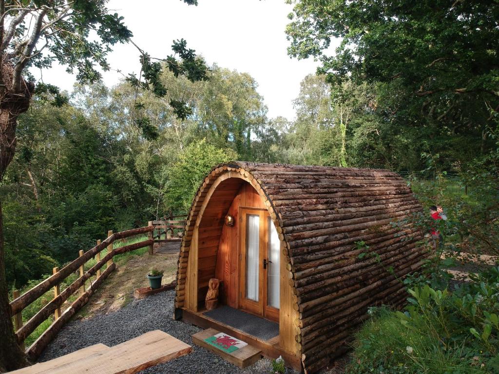 多尔盖罗Owl Hut Cosy Ensuite Pod Snowdonia Coast Sleeps 2的森林中间的小木屋