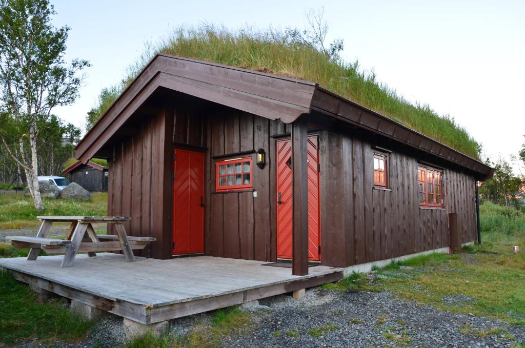 MaurvangenNorthern gate Besseggen - Cottage no 17 in Besseggen Fjellpark Maurvangen的一个带草屋顶的小小屋,配有野餐桌