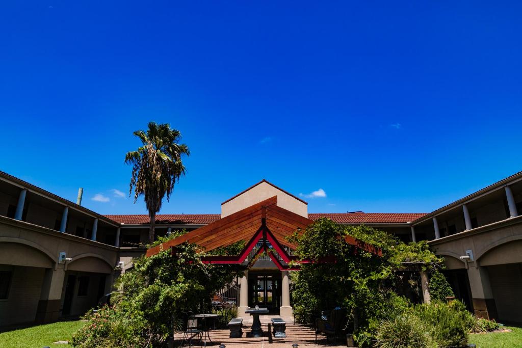 大学城葡萄园设计型套房酒店的享有带棕榈树的建筑的外部景色