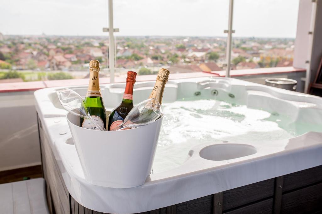 奥拉迪亚尼维斯SPA疗养酒店的浴缸内桶装的两瓶葡萄酒