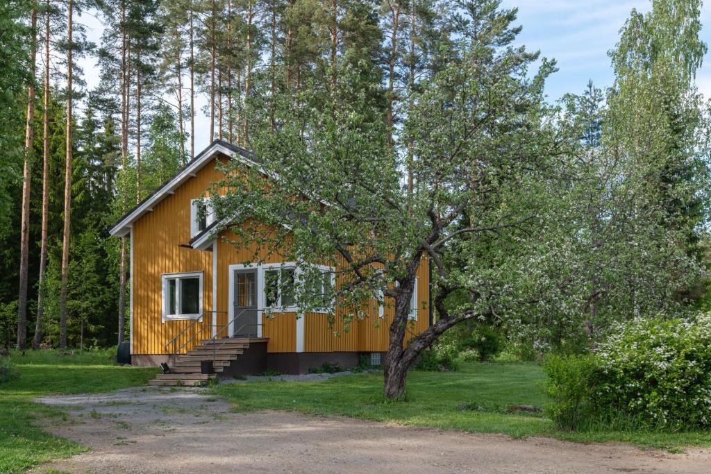 SärkilahtiBjörkbo, Old farm with modern conveniences的树林中的一个小房子