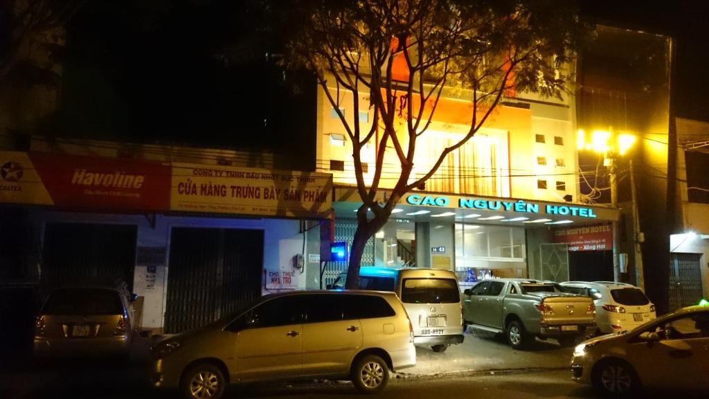 波来古市Cao Nguyen Hotel - Gia Lai的一群晚上停在停车场的汽车