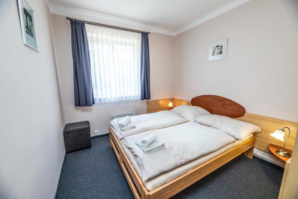 伊钦斯卡尼梅斯托公园酒店的一间卧室配有一张床、一张书桌和一个窗户。
