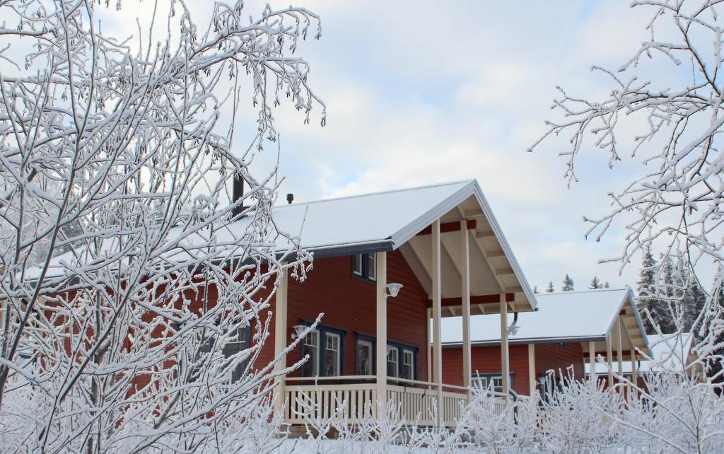 耶姆赛Himoseasy Cottages的雪中的一个红色小屋,有雪覆盖的树木