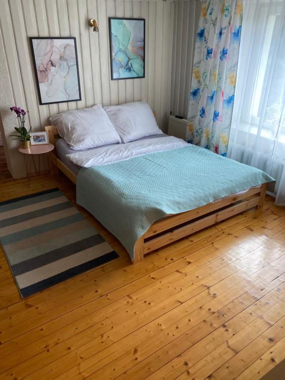 瓦姆比耶尔兹采U Eli的卧室内的一张床位,铺有木地板