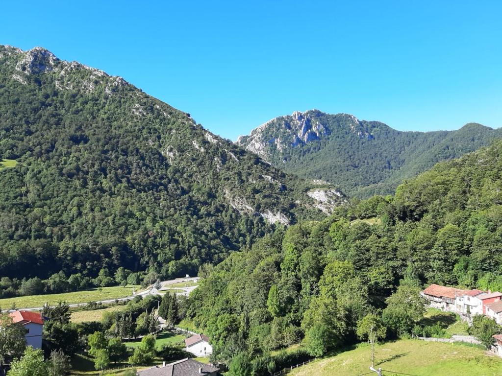 CasoCasa preciosas vistas, ubicada en medio del Parque Natural de REDES, Asturias的山谷中村庄的山景