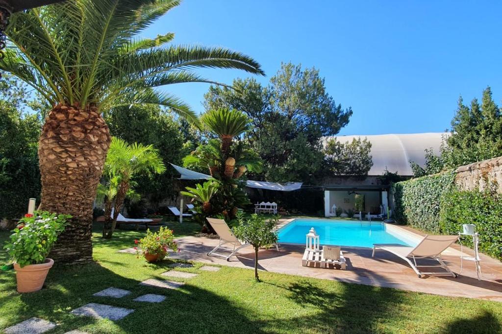 卡塞塔Casa Castagna的一个带游泳池和棕榈树的花园