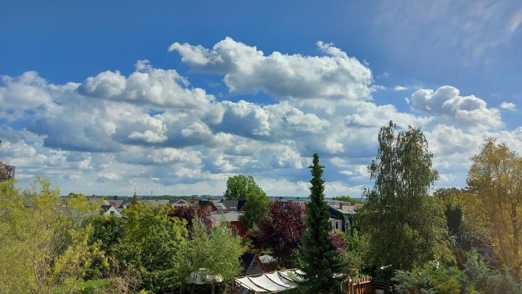什未林Von-Thünen的天空中树木和云的城市