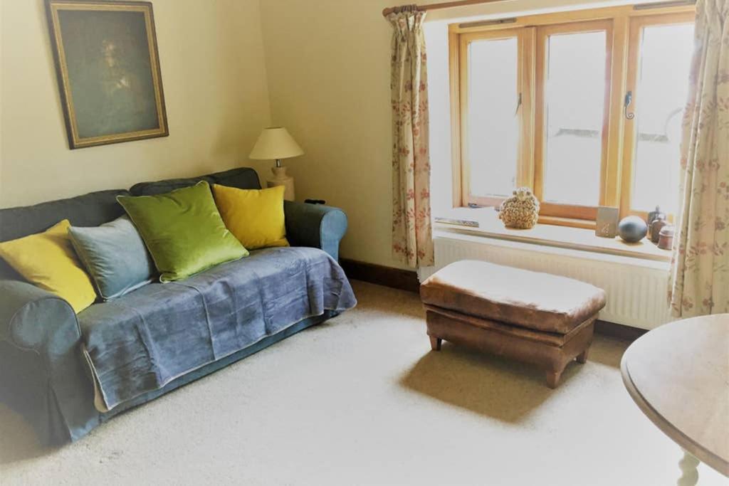 汤顿The Old Cowshed Annexe的客厅设有蓝色的沙发和窗户。