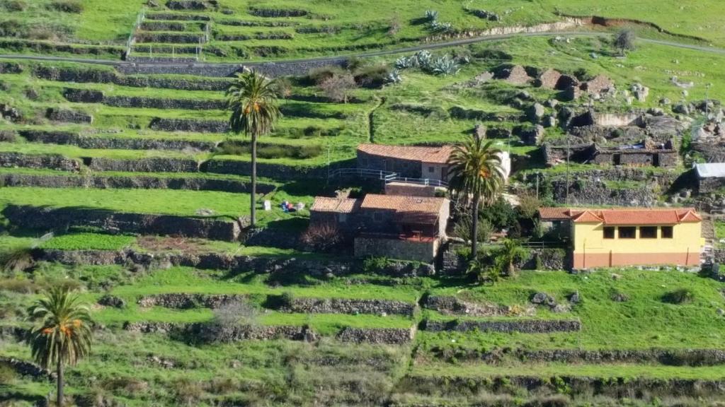 El CercadoCasas Rurales Los Manantiales的享有棕榈树山丘上村庄的空中景致