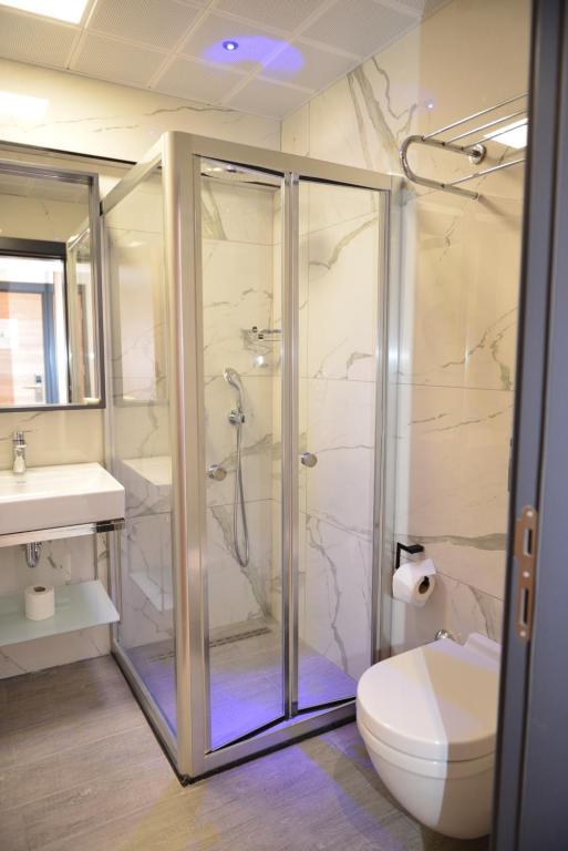 马尔马里斯绿洲酒店 的带淋浴、卫生间和盥洗盆的浴室